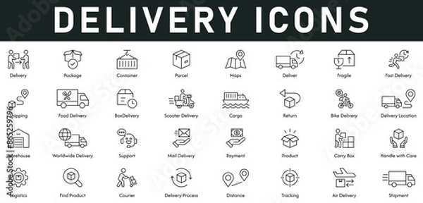 Obraz delivery Icons vector illustration with thin line editable stroke contains package, container, parcel, maps, fragile, shipping, cargo, location, warehouse, support, payment, product, shipment, courier