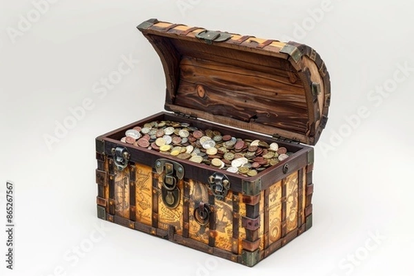 Fototapeta Old wooden Treasure Chest with golden coins and gold inside, isolated on a background, for fantasy adventures.