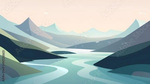 Fototapeta A beautifully illustrated valley with geometric shapes and a river flowing through rolling hills.