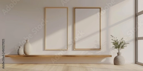 Fototapeta The floor is laminated wood flooring in a white living room, complete with a white blank picture frame and small timber cabinet. This is a perspective view of interior design.