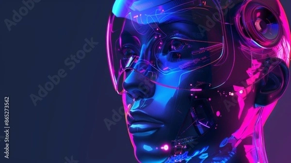 Fototapeta This future concept shows robot cybernetic organisms working with virtual HUDs in augmented reality. A humanoid robot with a plastic face presses the button.