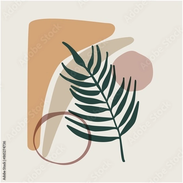 Obraz Abstract Modern Vase with Tropical Leaf. Neutral Art, Minimalist Shapes, Boho Decor, Earth Tones. Postcard or brochure cover design