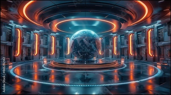 Fototapeta A large circular main stage with LED screens and glass walls, White sci-fi background, blue light strip, and a huge circular platform in the middle. Generative AI.