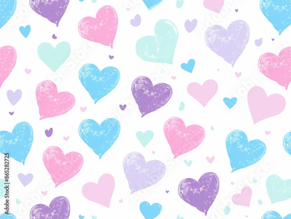 Fototapeta A seamless pattern of cute pastel pink, blue and purple hearts on a white background, in a simple vector art style, 2d clipart design