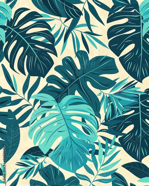 Fototapeta Abstract teal Summer  Pattern With Copy Space for Text. Bright Tropical Leaves And Plants