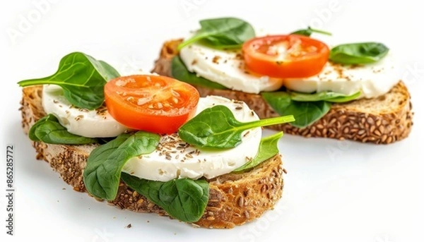 Fototapeta Bruschetta with cream cheese sliced cheese and spinach on grain crispbread