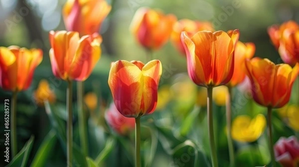 Obraz Vivid orange and yellow tulips blooming in spring garden
