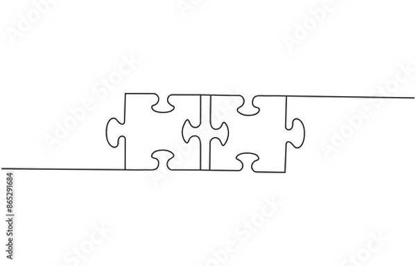 Fototapeta Two connected puzzle pieces of one continuous line drawn. Jigsaw puzzle element. Vector illustration. Three puzzle pieces of one continuous line drawn. One hand-drawn line of jigsaw puzzle element. 