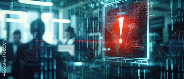 Obraz A digital close-up of an online security warning symbol on the screen, indicating some kind of hacker attack