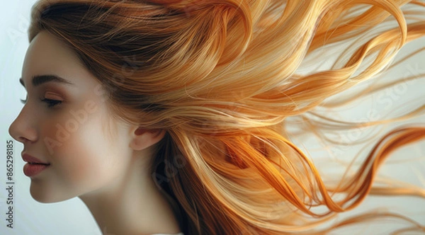 Fototapeta A woman with a happy face expresses sophistication and elegance. A woman's hair is a flowing fabric. Generative AI.