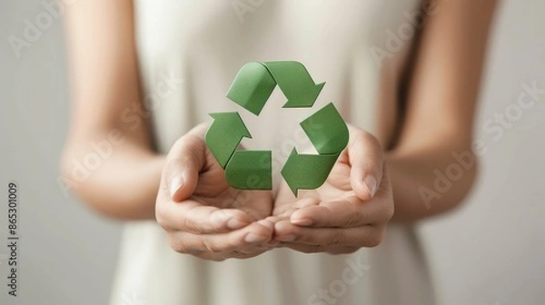 Obraz Close-up of person holding green recycling symbol with both hands, promoting sustainability and eco-friendly practices.