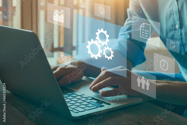 Fototapeta Automation and optimisation concept. Robotic process automation of business workflows.