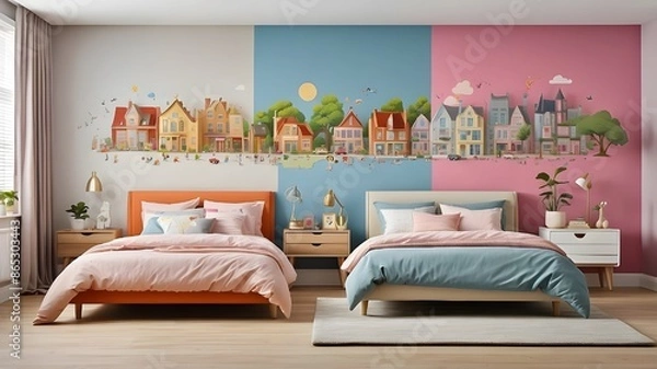 Fototapeta A broad banner featuring a split comparison view of many old and newly refurbished kids bedrooms, day and night timelines, or notions of moving and switching residences