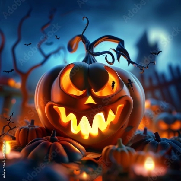 Fototapeta Spooky glowing jack-o'-lantern in dark setting
