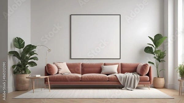 Fototapeta Frame mockup, ISO A paper size. Living room wall poster mockup. Interior mockup with house background. Blank poster frame mockup with minimalist sofa interior ,3D render