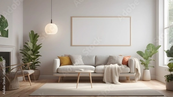Fototapeta Frame mockup, ISO A paper size. Living room wall poster mockup. Interior mockup with house background. Blank poster frame mockup with minimalist sofa interior ,3D render