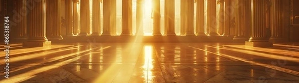 Obraz A large golden hall with marble pillars and a wide floor, the sun shines through the windows of columns, in the style of ancient Greek