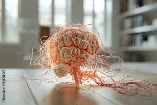 Fototapeta A brain model with wires, inspired by hair, wood, art, and fashion