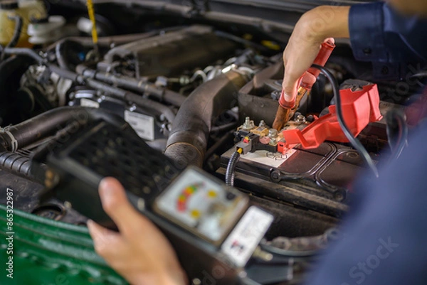 Obraz Auto mechanic checks car battery with battery checker in auto repair shop. Mechanics will work in the garage for customers who use their vehicles for repairs.