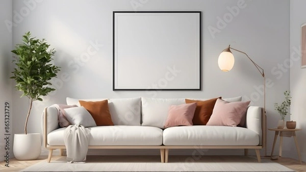 Fototapeta Scandinavian living room interior with blank horizontal poster frame mockup and modern sofa,3D rendering. Mockup poster frame with minimalist modern interior background.