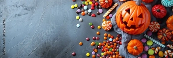 Obraz halloween pumpkin and various of candy. copy space