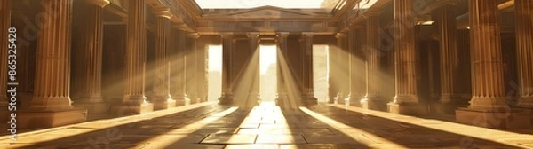Obraz A wide shot of an empty ancient Greek temple with marble columns and sun rays shining through the windows, cinematic, hyper realistic in the style of an ancient Greek temple