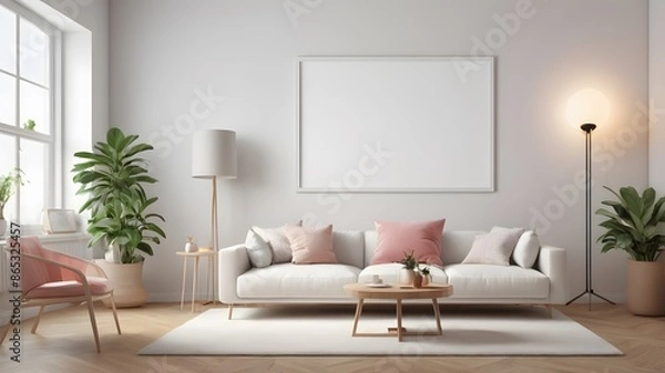 Fototapeta Scandinavian living room interior with blank horizontal poster frame mockup and modern sofa,3D rendering. Mockup poster frame with minimalist modern interior background.