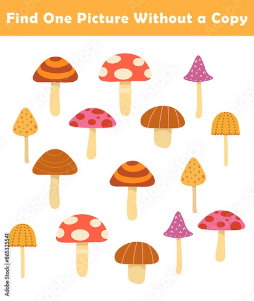 Fototapeta Find One Picture Without a Copy for Preschool Children. Find same picture worksheet for kids. Worksheet for kindergarten-aged children with cute mushroom illustration.