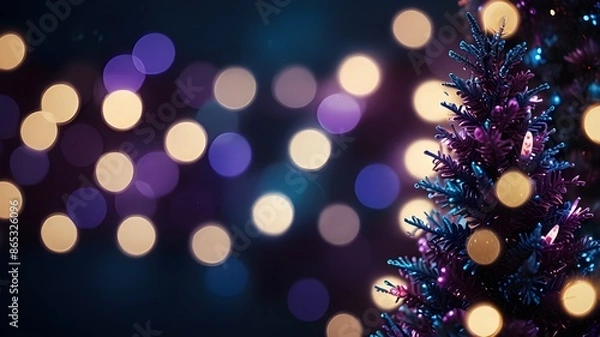 Fototapeta Sparkling Christmas lights. Defocused Christmas tree with festive sparkles on blue and purple abstract background. Generative AI