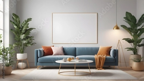 Obraz Scandinavian living room interior with blank horizontal poster frame mockup and modern sofa,3D rendering. Mockup poster frame with minimalist modern interior background.