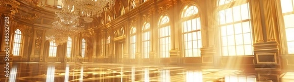 Obraz Beautiful golden palace hall with large windows and crystal chandeliers, sun rays shining through the windows. 3d rendering in the style of wide angle lens.