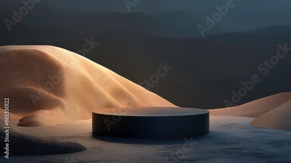Fototapeta Minimal podium in a desert, dark environment, gradient sky, for product presentation with copy space. Generative AI