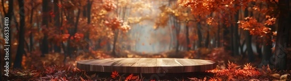 Obraz The empty round wooden table is placed in the center of an autumn forest with red and orange leaves, in the style of fantasy, in a fantasy world background