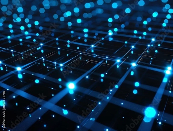 Fototapeta High-tech digital grid with glowing blue lines and nodes, futuristic, minimalistic, clean lines, highly detailed