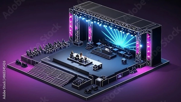 Fototapeta Isometric 3D illustration of a concert stage with lights, sound equipment and an audience.