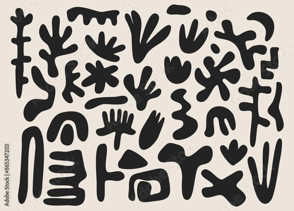 Fototapeta Abstract geometric shapes and icons. Brutal modern contemporary figure arch cloud vawe star oval spiral flower circle and other primitive elements. Swiss design aesthetic. Bauhaus memphis design.