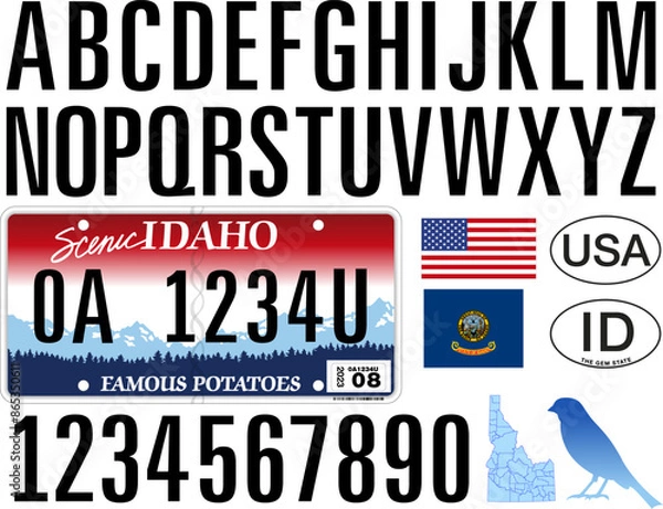 Fototapeta IDAHO car license plate style pattern, letters, numbers and symbols, vector illustration, USA