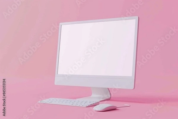 Fototapeta Isometric mockup, display, screen, blank, design, digital, blank, monitor, device, laptop, technology, modern, LCD, empty, responsive, keyboard, mouse, view, one, 3D render, 3D illustration, app,