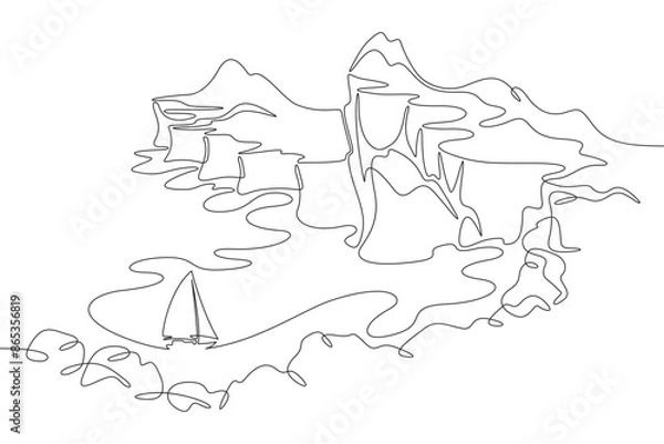 Obraz Cliff in the sea. Sea cliffs. Sailing yacht off the coast. Rocky shore. Bay in the ocean.One continuous line drawing on a white isolated background. Minimalism linear illustration.