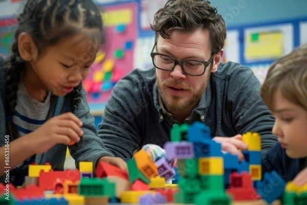 Fototapeta Teacher and Students Building with Colorful Blocks