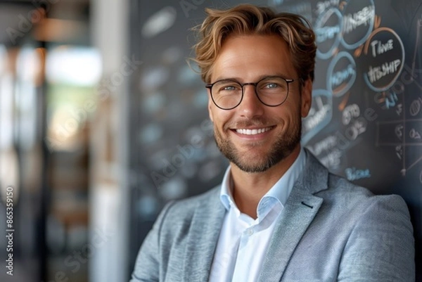 Obraz Smiling Man in Glasses and Blazer Standing in Office
