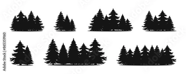 Obraz Pinetree forest silhouette vector set. Oak trees flat black template.