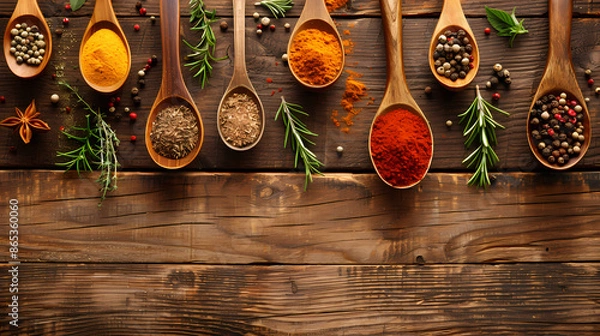 Fototapeta Assortment of colorful spices and fresh herbs in wooden spoons on a rustic wooden table