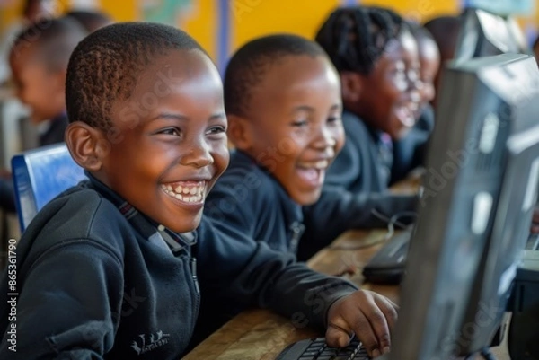 Fototapeta Joyful African Students Learning Computer Skills