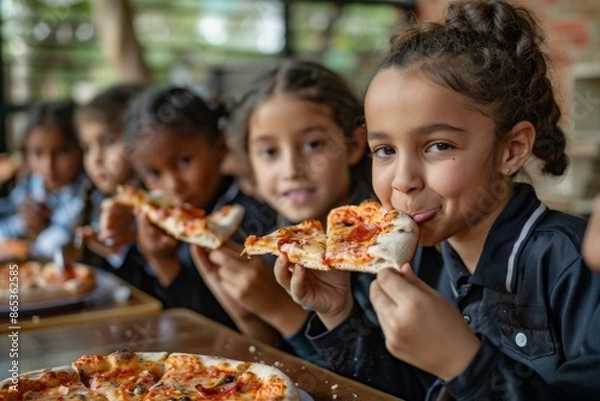 Fototapeta Group of Children Enjoying Pizza Together