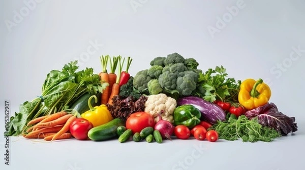 Fototapeta Sustainable agriculture featuring a variety of farm-to-table produce on a clean background