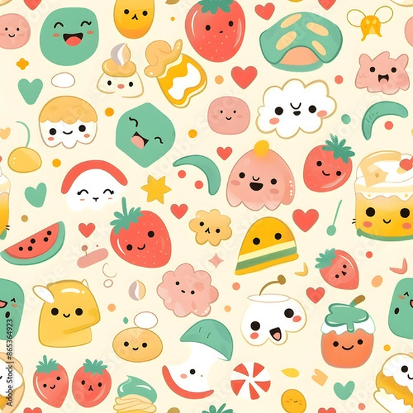 Fototapeta Cute cartoon small characters and objects seamless pattern background.