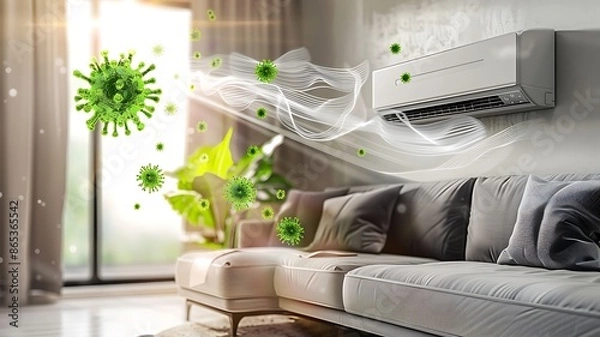 Fototapeta innovative features of a living room air conditioner equipped with advanced bacteria-clearing technology, where the symbolism of fresh air quality is represented by the removal of green bacteria