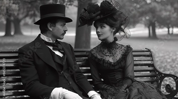Fototapeta A man and a woman in the park, photo in the style of the late 19th early 20th century