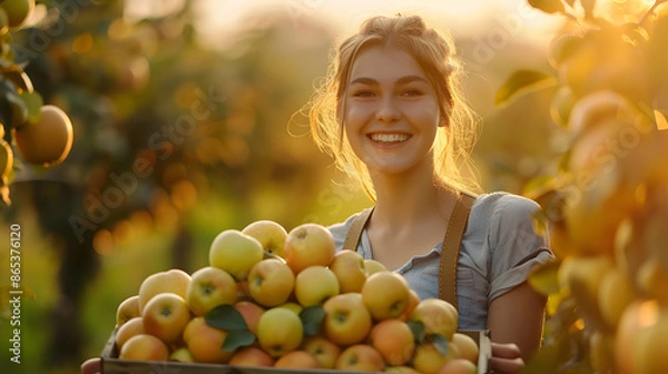 Fototapeta Beautiful young farmer woman holding a wooden box full of yellow apple fruits standing in the field with sunset. Concept of healthy lifestyle, local farming and beauty.